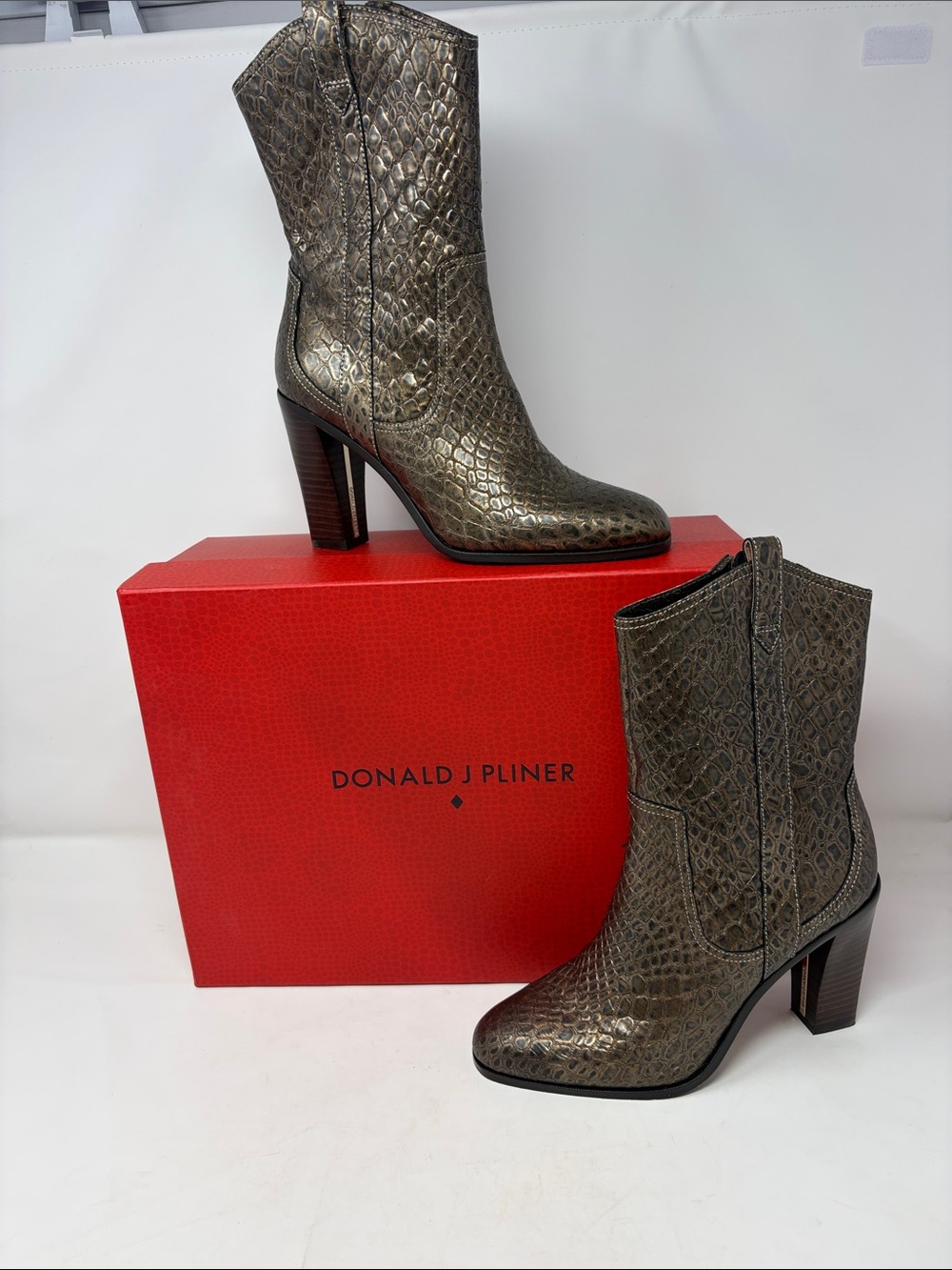 Donald J. Pliner Metallic Bronze Croc Pattern Embossed Mid-Calf Boots Size 7 New